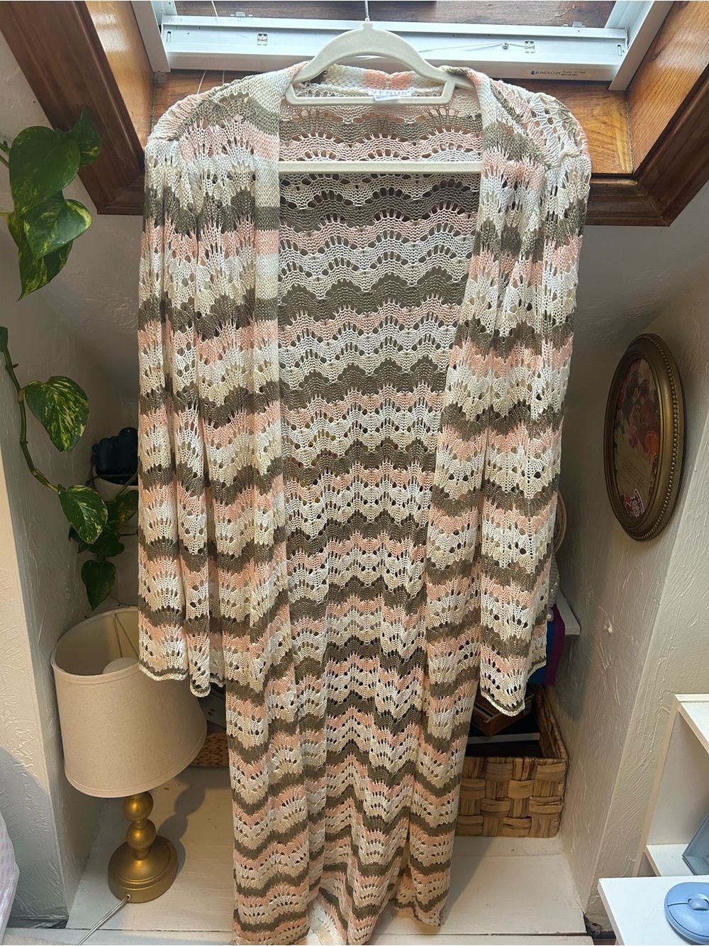 VENUS Crochet Open-Front Cardigan in Cream, Pink & Olive